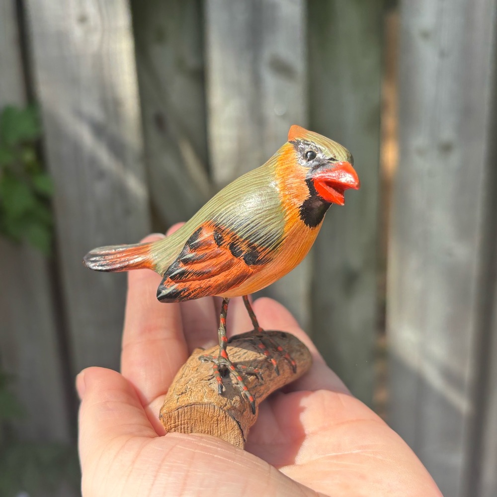 Small Hand Painted Wooden Northern Cardinal Bird On Driftwood Base